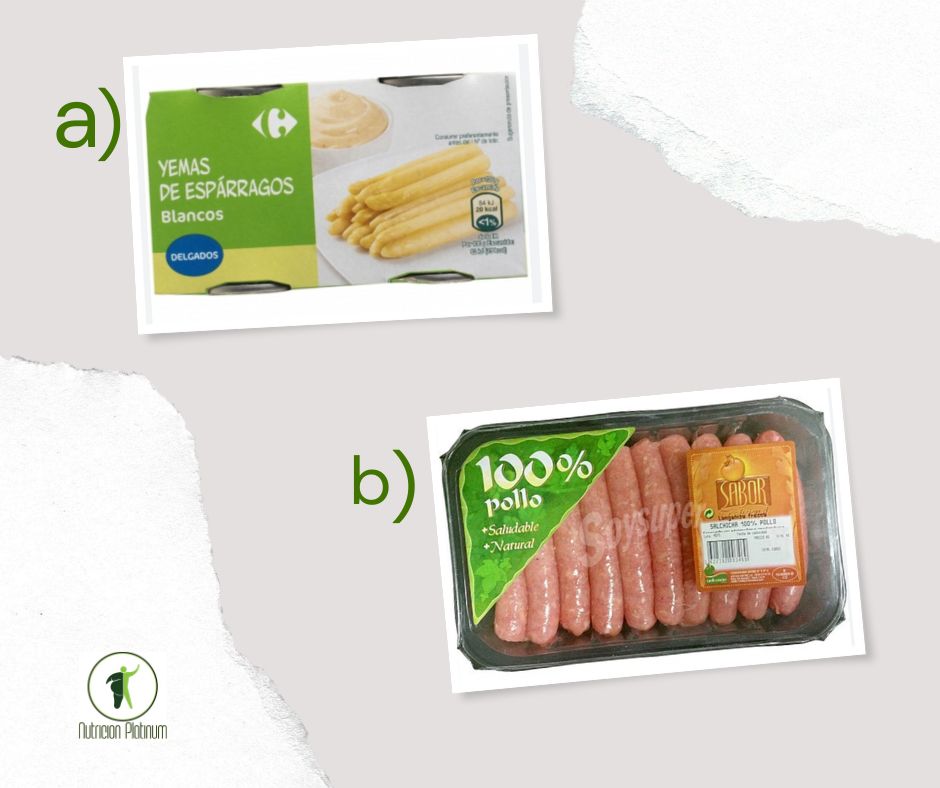 Espárragos blancos con salchichas de pollo.